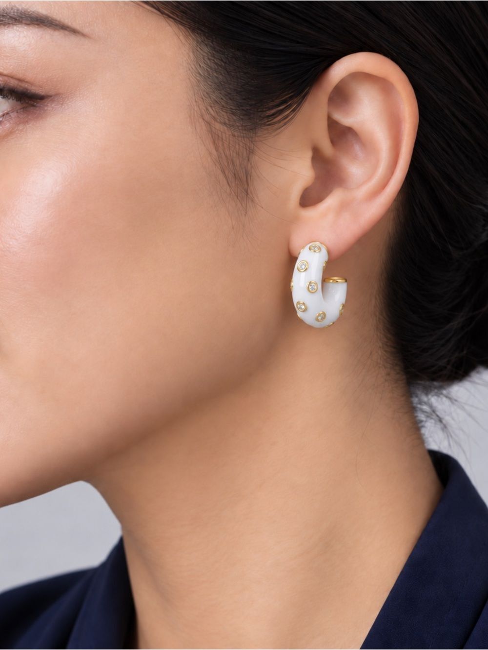 White Enamel Hoop Earrings with Gold Accents and Crystal Details